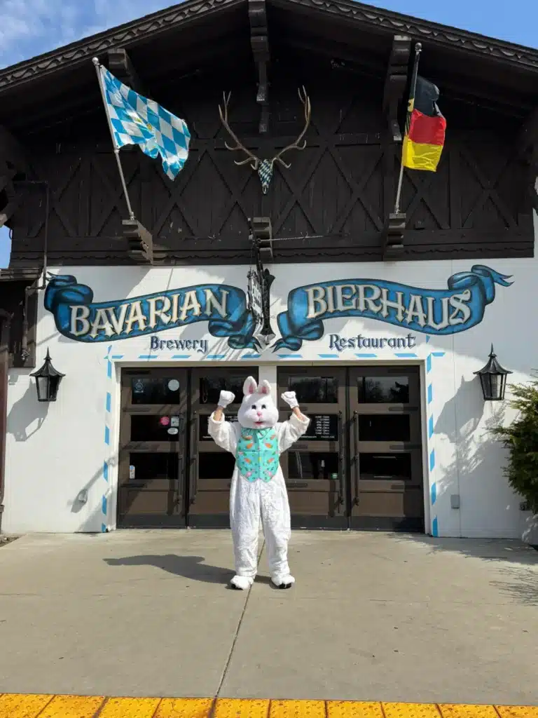 A white bunny mascot with blue-green bib standing in front of Bavarian Bierhaus in Glendale