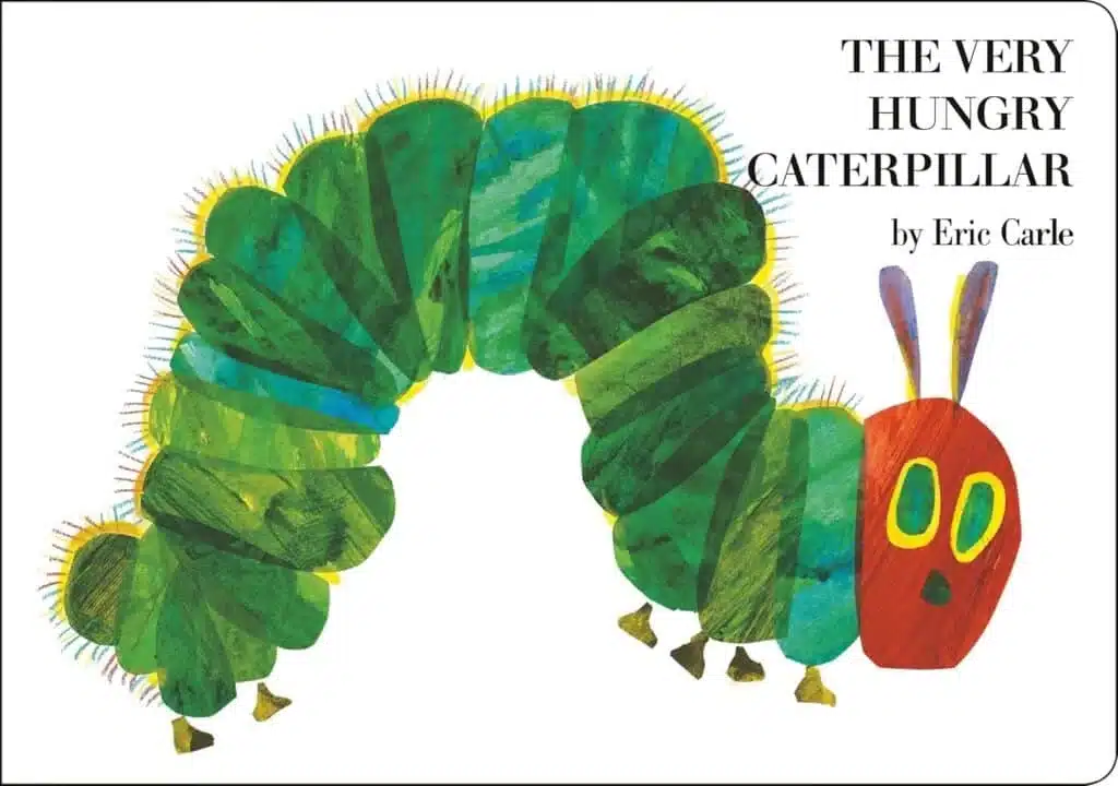Book cover of “The Very Hungry Caterpillar” by Eric Carle – colorful caterpillar learning about growth.