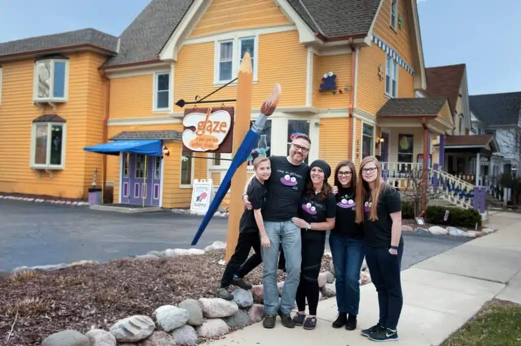 Glaze Art and Ice Cream studio exterior with staff posing outside