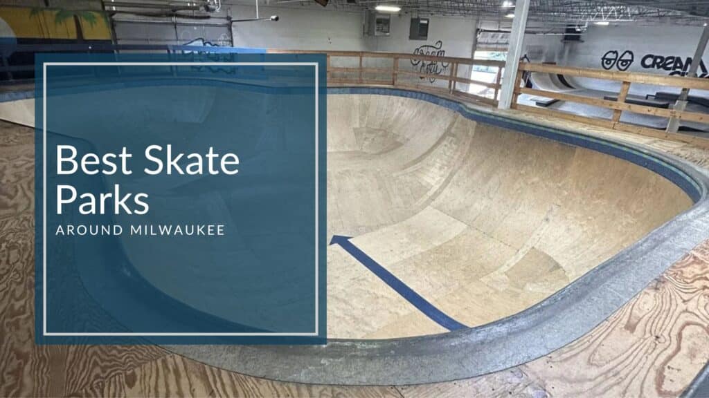 An indoor skateboarding spot with wooden floor, ramps and bowl