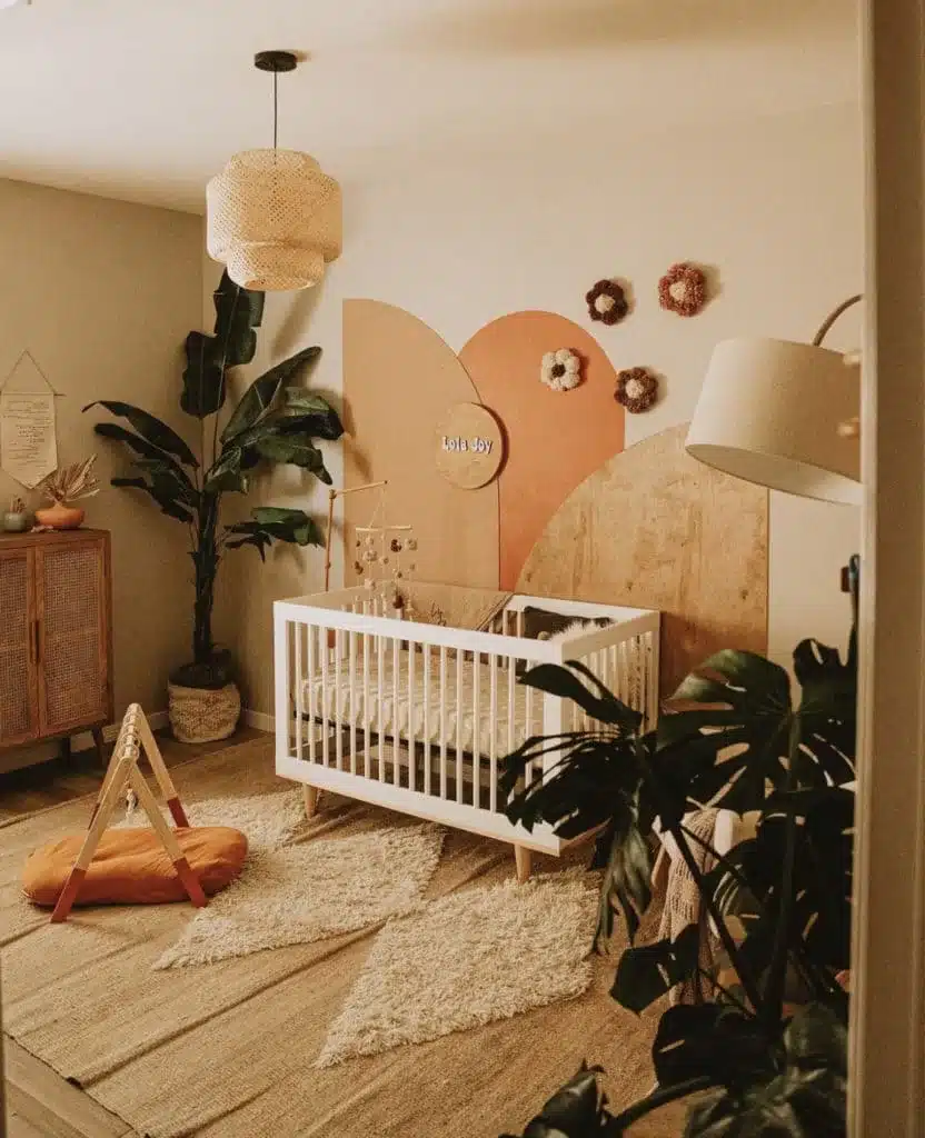 Tree-inspired gender-neutral nursery with curved mural, warm earth tones