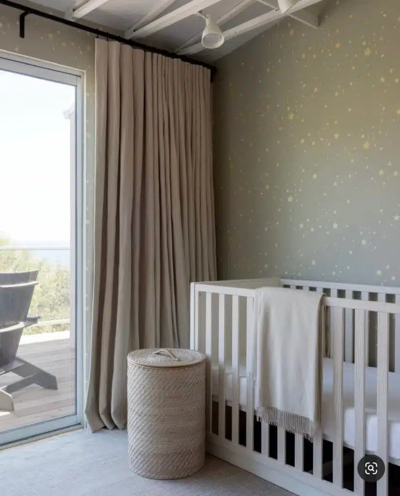 Twinkle star gender-neutral nursery with woven storage bin and white crib