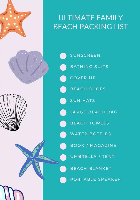 A partial list of family beach packing list with sea shells on the side