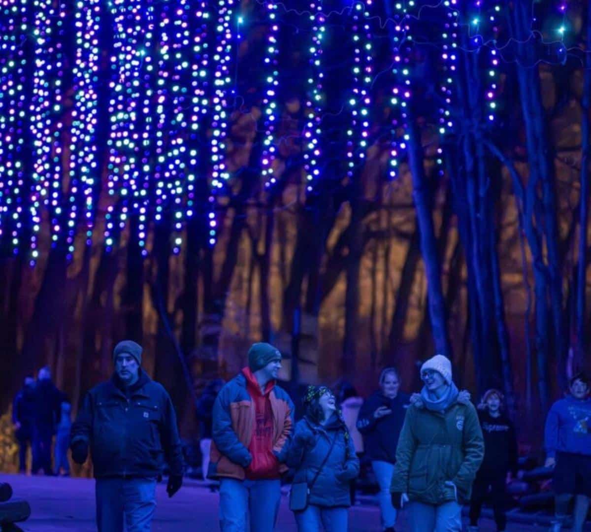 Friends walking while talking along a lighted path