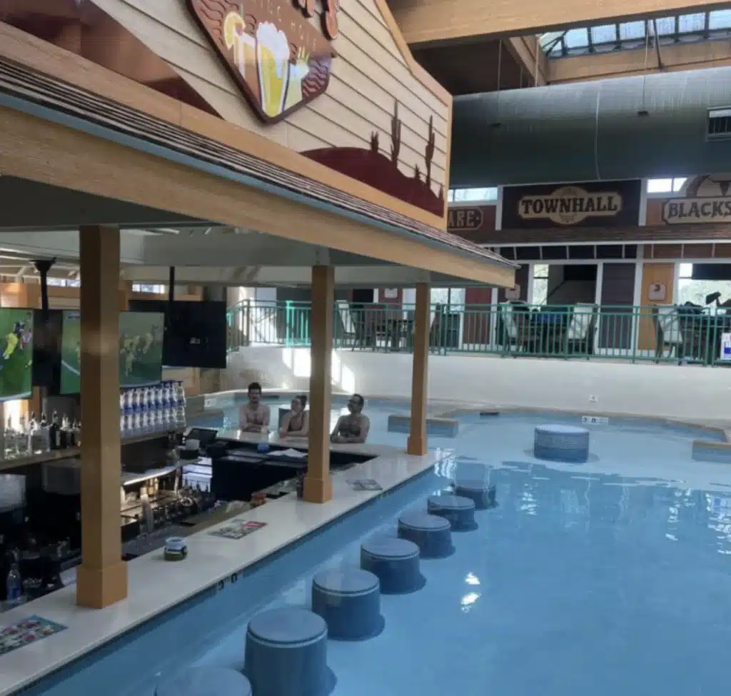 Guests sitting at the swim-up bar inside the Wild West Waterpark at Wilderness Resort.
