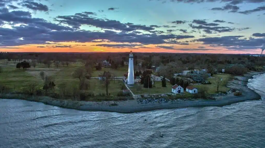 Wind Point Lighthouse aerial view at sunset along Lake Michigan