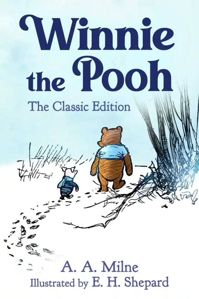 Book cover of “Winnie-the-Pooh” by A. A. Milne – bear and friend walking together.