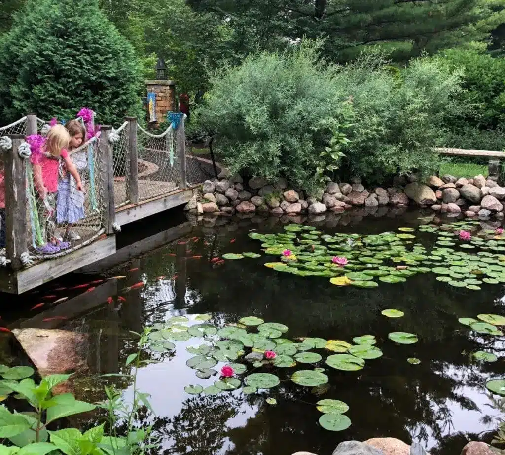 Children on footbridge with ribbons while looking at a koi pond with pink water lilies.