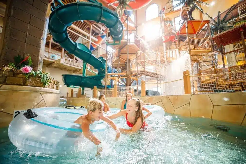 Kids floating on indoor lazy river at Chula Vista Water Park Resort in Wisconsin Dells