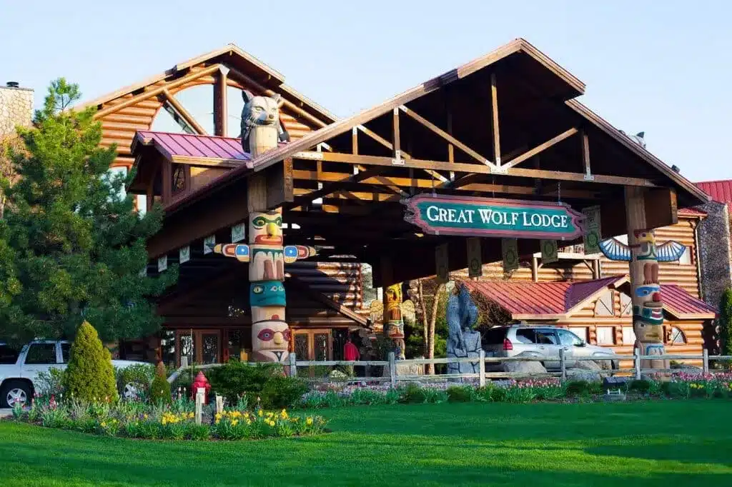 Great Wolf Lodge entrance with rustic lodge exterior in Wisconsin Dells
