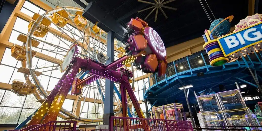 A large indoor Ferris wheel at Tom Foolerys Adventure Park at Kalahari Resort.