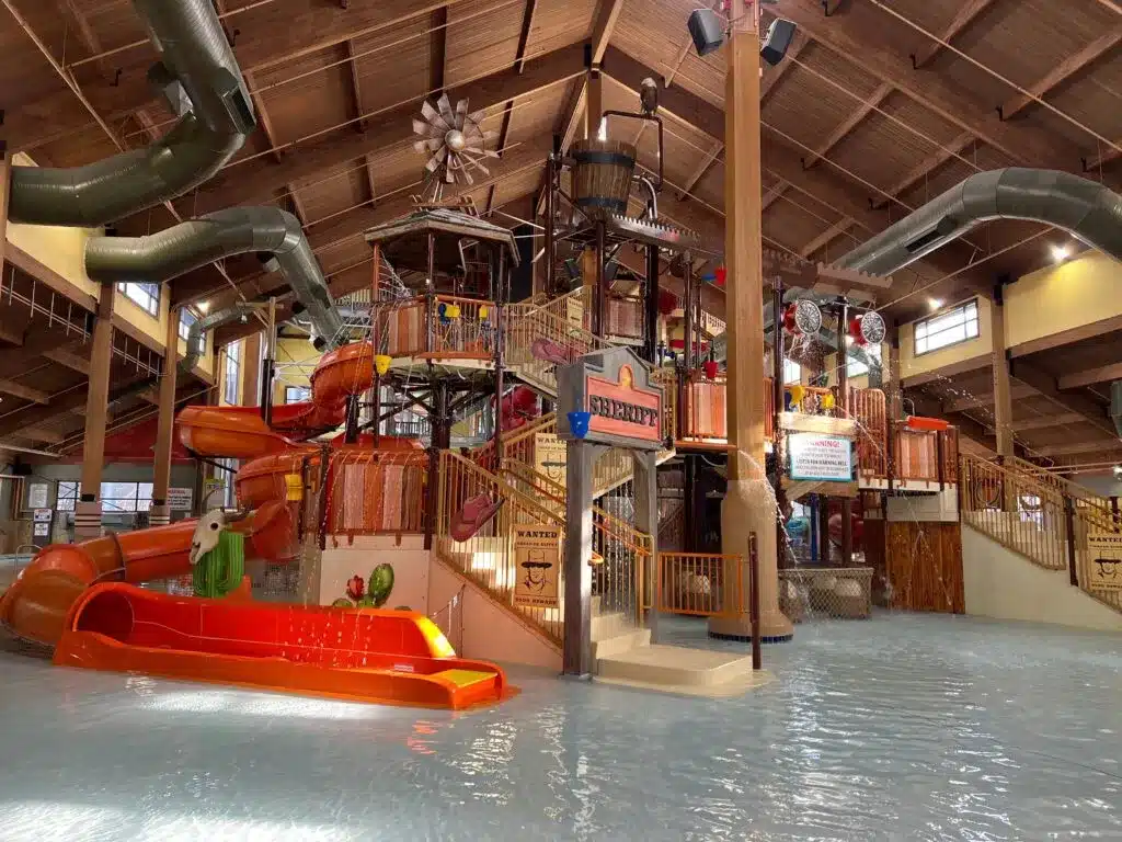 Western-themed indoor water park with slides at Wilderness Resort in Wisconsin Dells
